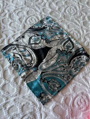 100% Silk Paisley Scarf / Pocket Square - Teal & Black 9.5"